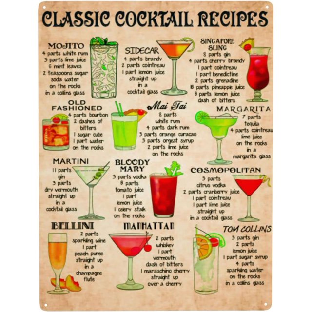 Classic Cocktail Recipes Aluminium Tin Metal Sign Wall Decor Fun for