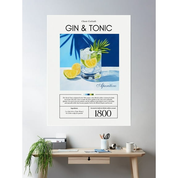 Classic Cocktails: Gin And Tonic Poster Wall Art, Modern Wall Decor For Living Room Bedroom, 12x18 UNFRAMED