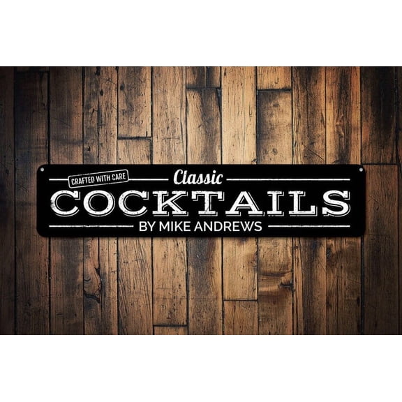 Classic Cocktails Sign Crafted With Care Sign Custom Bartender Name Sign Custom Bar Name Decor - Sign Decor - Size: 16 x 4 Inches