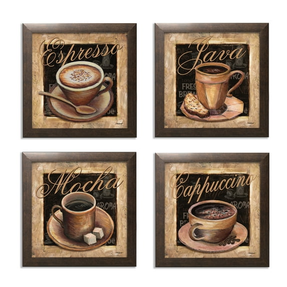 Classic Coffee Cups; Mocha, Cappuccino, Espresso, and Java Set; Kitchen Decor; 4-12x12" Brown Framed Posters