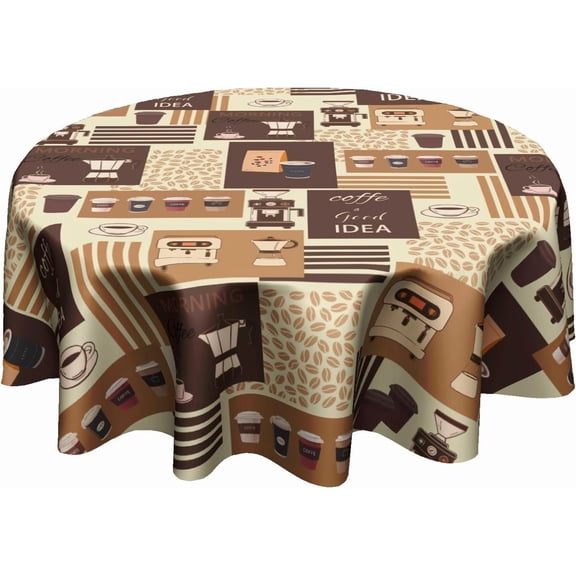 Classic Coffee Themed Table Cloth - Mocha Latte Milk Round Tablecloth Beige Brown Table Cover 60 Inch Decorative for Kitchen Dining Table Party