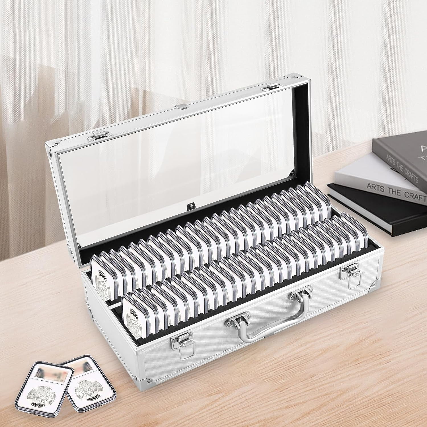 Classic Coin Display Storage Box, 50 Coin Holders Slabs Box Display Tool Aluminum Alloy for