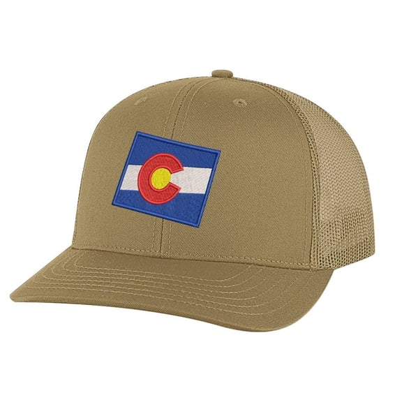 Colorado Trucker Hat - Embroidered State Flag Patriotic Mesh Snapback Cap - Centennial State Pride (CoyoteBrown)