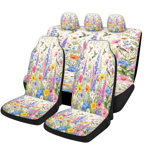 Classic Colorful Field Flower Car Seat Covers Full Set, Universal Auto Seat Covers with Front Seat Covers, Rear Bench Cover and Headrest Covers for Cars SUVs Trucks Vans