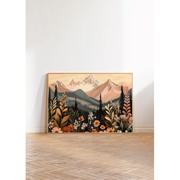 Classic Colorful Floral Print Mountain Decor Vibrant Retro Landscape Wall Art Flowers Printable Nature, Unframed Paper Poster 8x10in