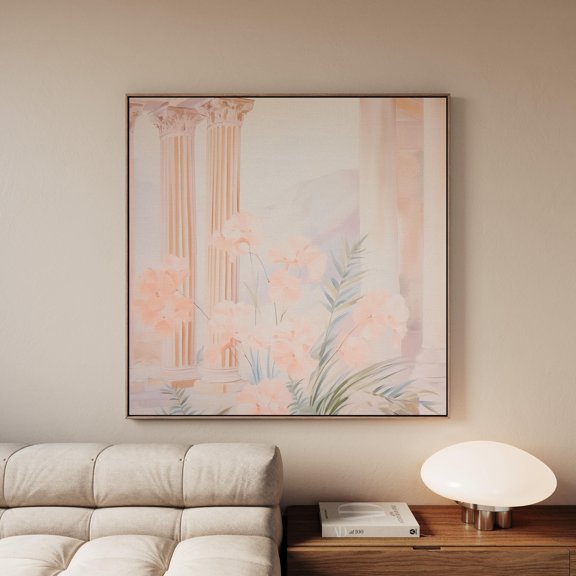Classic Columns Square Art Light Peach Pink 80S Abstract Art Ancient Roman Empire Muted Neutral Soft Pastel Tones