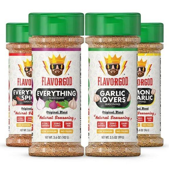 Classic Combo Pack Seasoning, Pack of 4 (Everything, Everything Spicy, Garlic Lovers, Lemon & Garlic) - Spice & Seasoning Gift Set - Low Sodium Chicken,Beef, Seafood Seasoning & Chicken by Flavor God