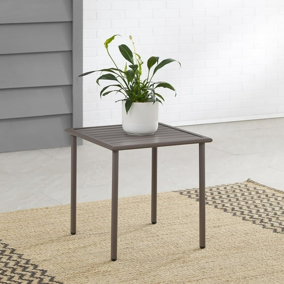 Classic Comfort Outdoor Metal Side Table - Light Brown, 19.75" D x 19.75" W x 19.75" H, Slatted Tabletop, Low-Profile Outdoor Side Table, Cozy End/Side Table for Conversation Sets