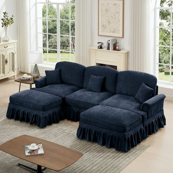 Classic Comfy Modular U Shape Sectional Sofa Couch with Flared Arms and Removable Ruffles Pleats Skirts and Spindle Legs, Upholstered Chenille Deep Seat Cloud Sofa with Movable Ottomans, Blue