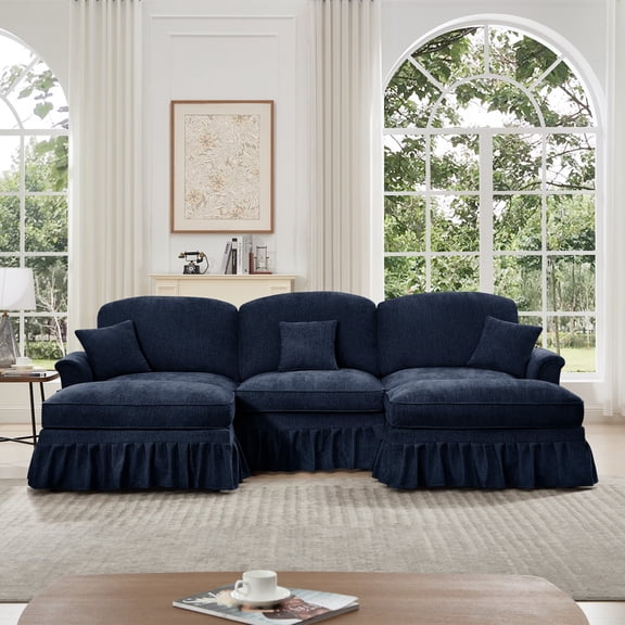 Classic Comfy Modular U Shape Sectional Sofa with Flared Arms Removable Ruffles and Spindle Legs Chenille Deep Seat Cloud Couch with Movable Ottomans Blue