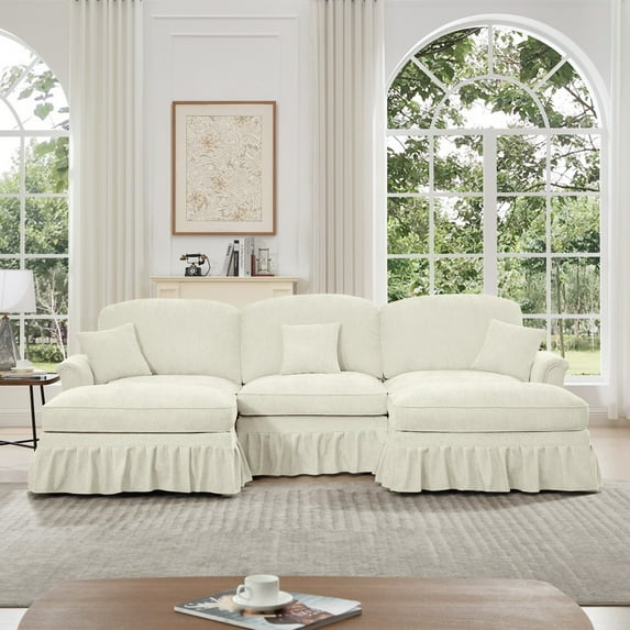 Classic Comfy Modular U Shape Sectional Sofa with Flared Arms Removable Ruffles and Spindle Legs Chenille Upholstered Deep Seat Cloud Couch with Movable Ottomans Beige White