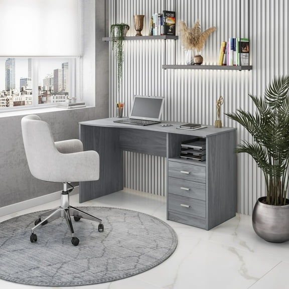 Classic Computer Desk with 3 Storage Drawers, Moisture Resistant Particleboard Workstation with Side Shelf, Multi-Purpose Drafting Table for Home Office