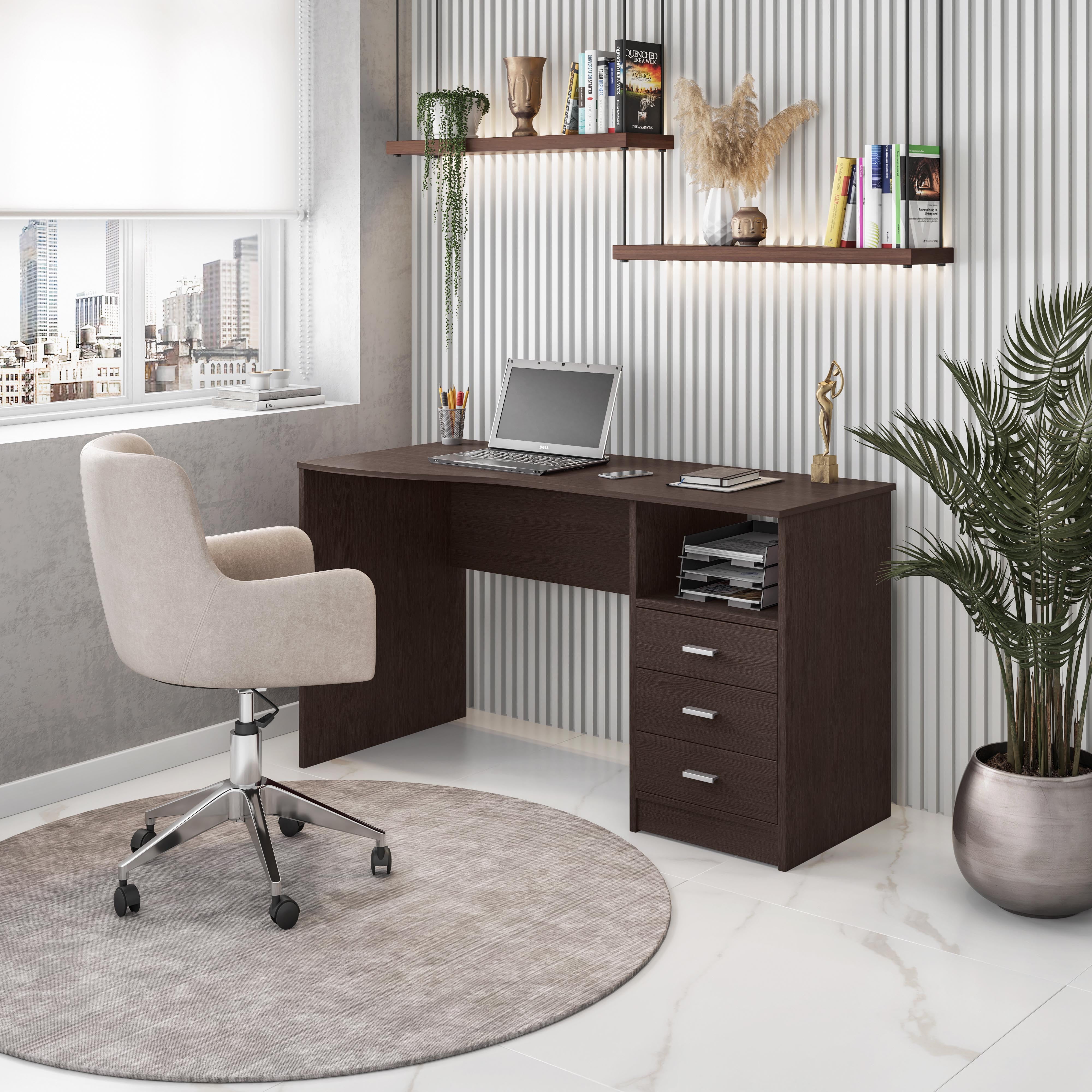 Classic Computer Desk with 3 Storage Drawers, Moisture Resistant Particleboard Workstation with Side Shelf, Multi-Purpose Drafting Table for Home Office