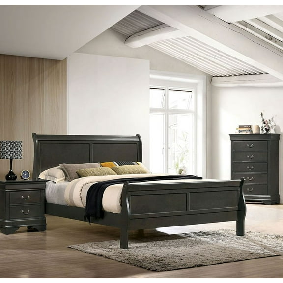 Classic Contemporary Queen Size Bed Gray Louis Phillipe Solidwood 1pc Bed Bedroom Sleigh