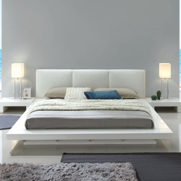 Classic Contemporary White Color Bedrooom Furniture Queen Size Bed 1pc Bedframe Low Profile Bed Padded HB High Gloss Lacquer Coating