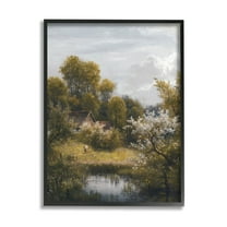 Classic Cottage Backyard Pond Landscape Painting Black Framed Art Print Wall Art