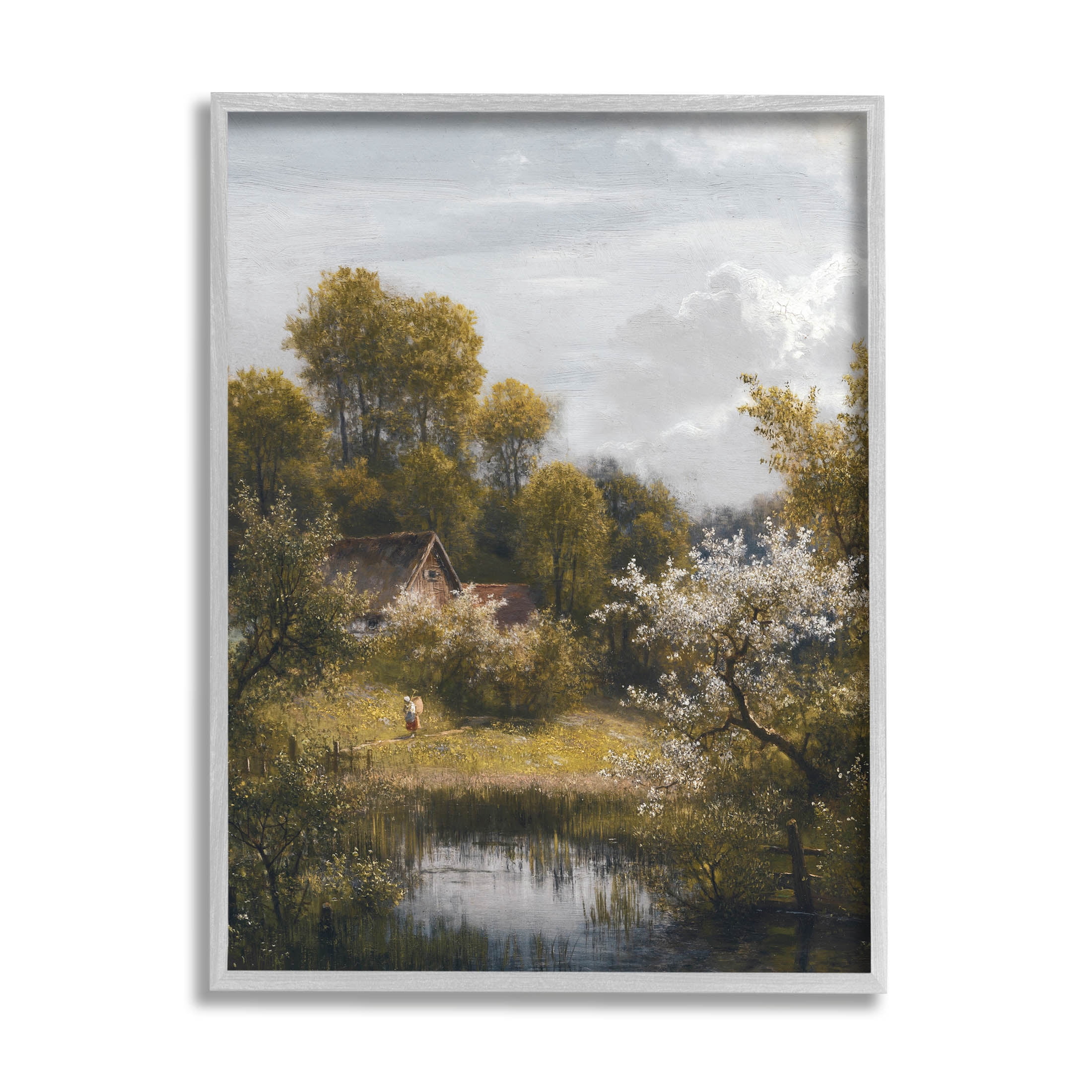 Classic Cottage Backyard Pond Landscape Painting Gray Framed Art Print Wall Art