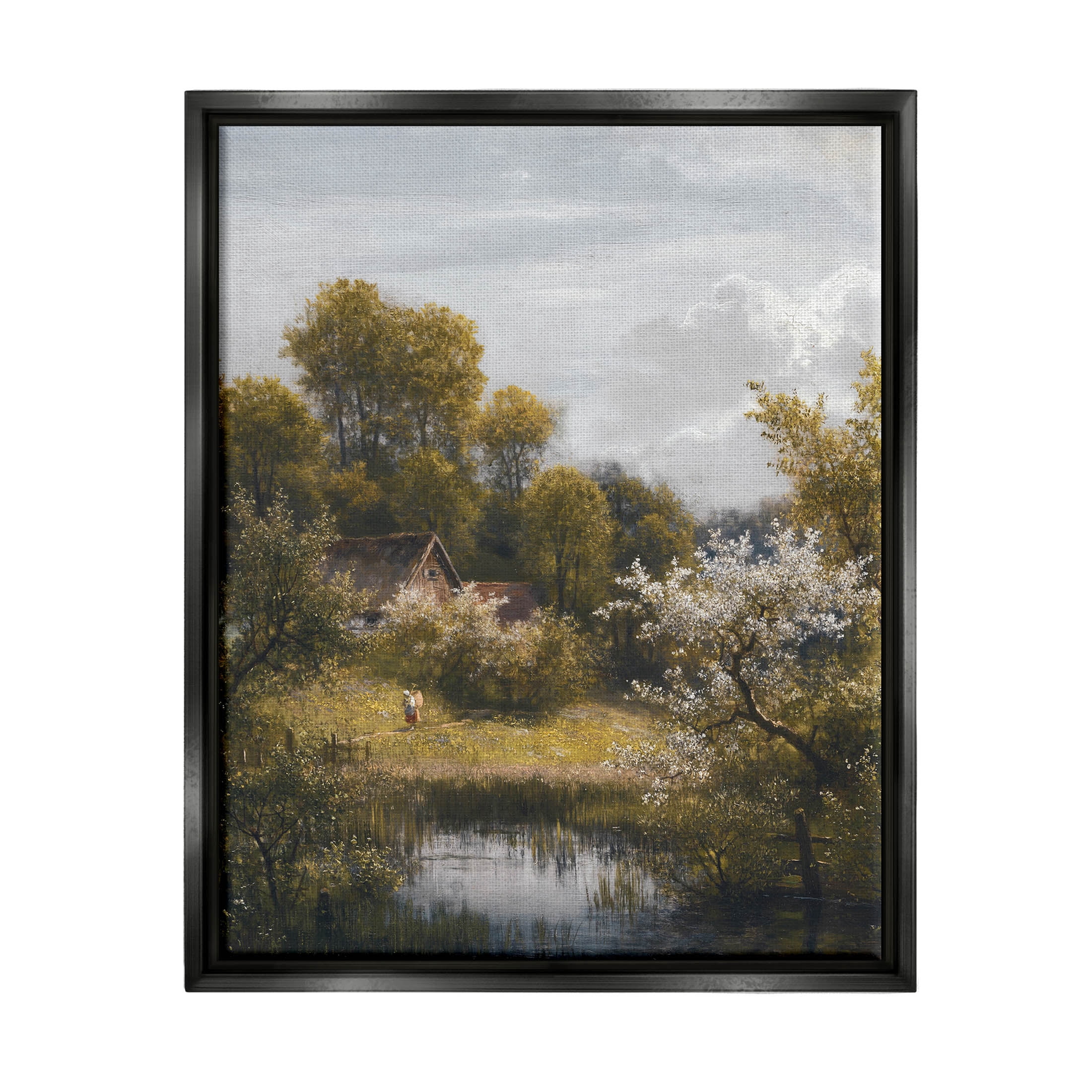 Classic Cottage Backyard Pond Landscape Painting Jet Black Framed Art Print Wall Art