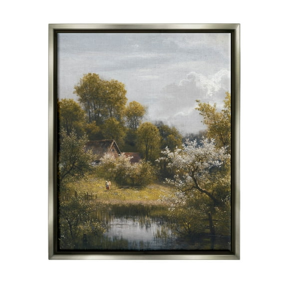 Classic Cottage Backyard Pond Landscape Painting Luster Gray Framed Art Print Wall Art