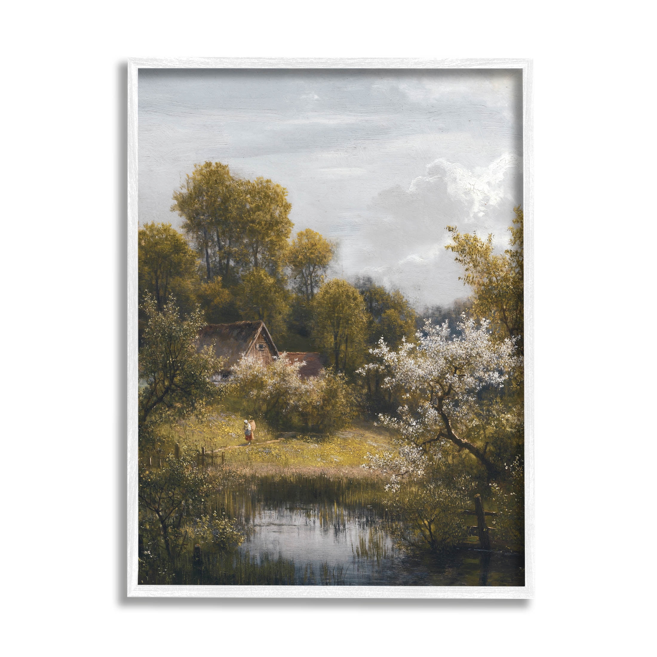 Classic Cottage Backyard Pond Landscape Painting White Framed Art Print Wall Art