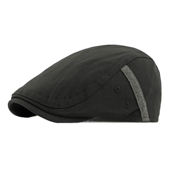 Classic Cotton Newsboy Cap, Herringbone Flat Cap  Adjustable Buckle, Black