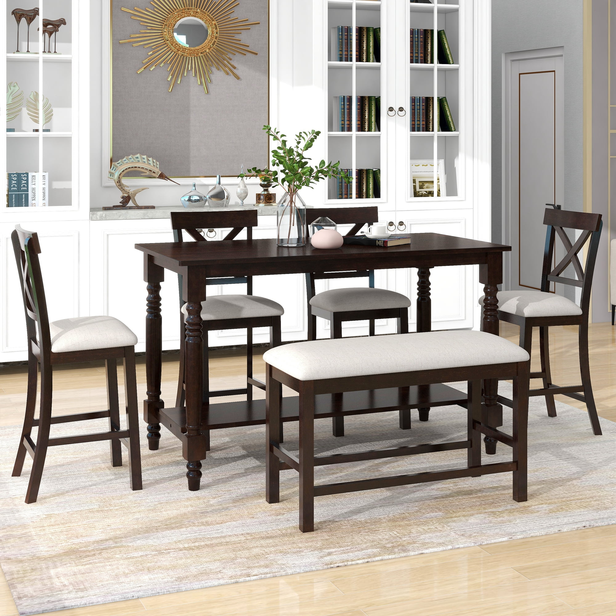 Classic Counter Height Rectangular Dining Table Bench and Chairs, 6