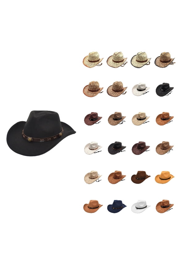 Classic Cowboy Hat Western Headwear Outdoor Riding Beach, D-Black