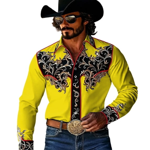 Classic Cowboy Print Western Denim Long Sleeve Button Down Shirt Casual ...