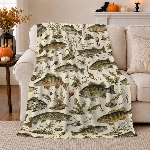 Classic Cozy Lodge Freshwater Fishing Flannel Blanket for Living Room and Garage, Bass Trout Pike Lure Bobber Reed and Stone Pattern, Home Decor, Gift for Anglers