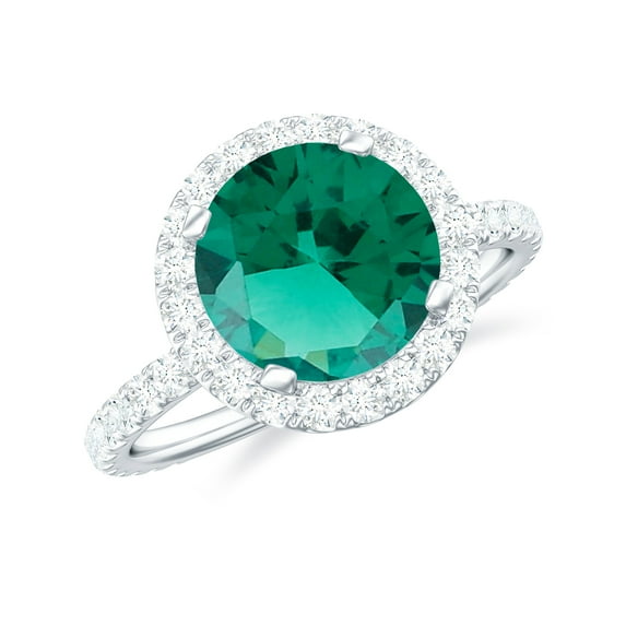 Rosec Jewels Lab Created Emerald Halo Engagement Ring 2 Carat - Emerald Moissanite Ring for Women - AAAA Quality Certified, 14K White Gold, US 12.00