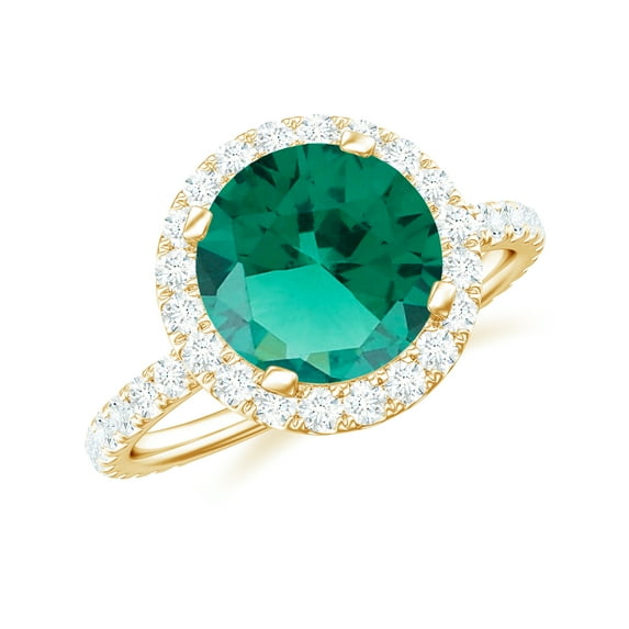 Rosec Jewels Lab Created Emerald Halo Engagement Ring 2 Carat - Emerald Moissanite Ring for Women - AAAA Quality Certified, 14K Yellow Gold, US 13.00