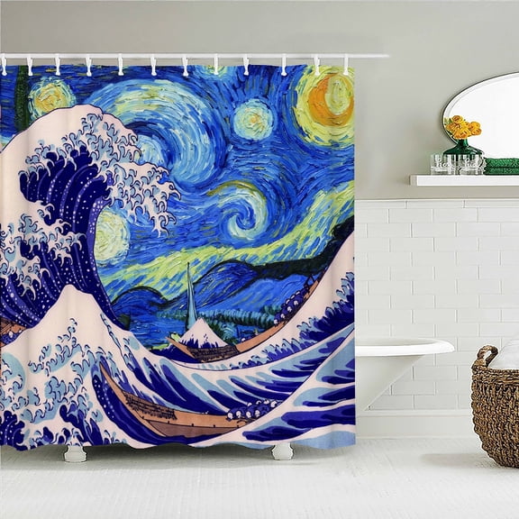 Classic Creativity Waves Spray Bath Curtain Waterproof Fabric Japanese style Shower Curtains Bathroom Bathtub Screen With