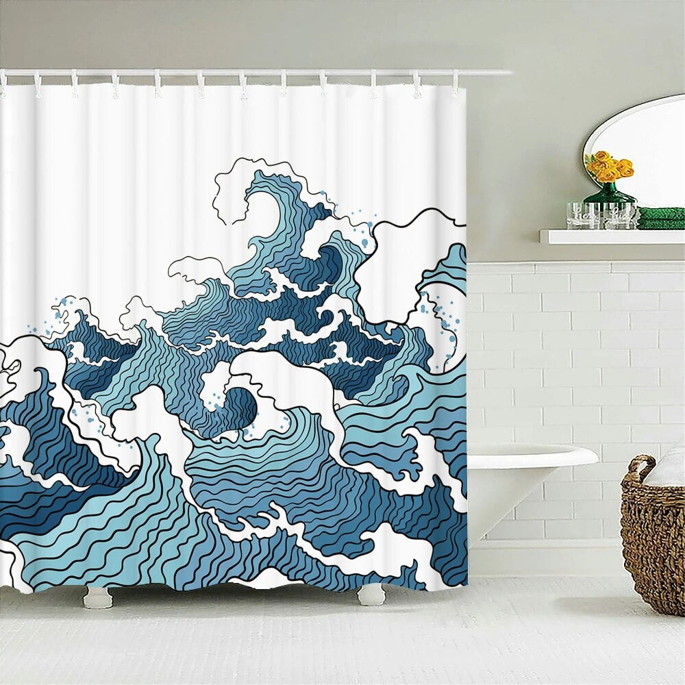 Classic Creativity Waves Spray Bath Curtain Waterproof Fabric Japanese