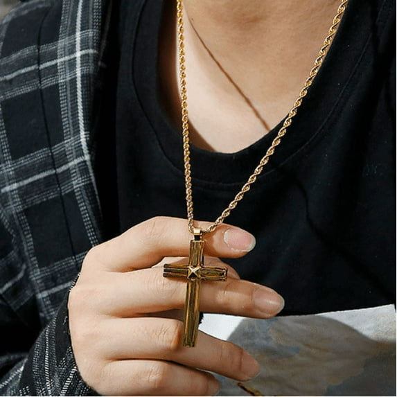 Classic Cross 14K Yellow Gold Pendant Necklace For Men Women Golden Silver Color Chain Necklace Fashion Christ Faith Prayer Jewelry Gifts