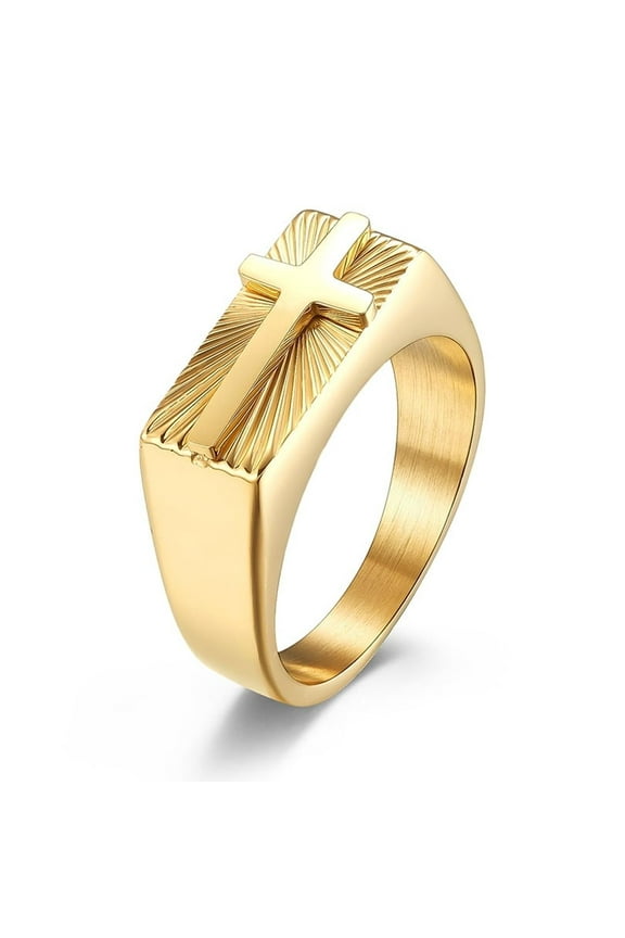 Classic Cross Signet Rings for Men Fashion 14K Yellow Gold Geometric Rectangular Ring Christian Jewelry