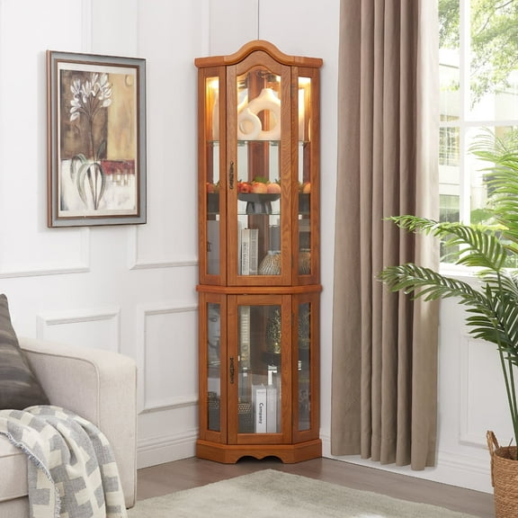 Classic Crown Corner Curio Cabinet with Lighting System, Tempered Glass Doors & Adjustable Shelves,Oak