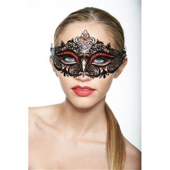 Classic Crowne Black Laser Cut Masquerade Mask with Red Rhinestones - One Size