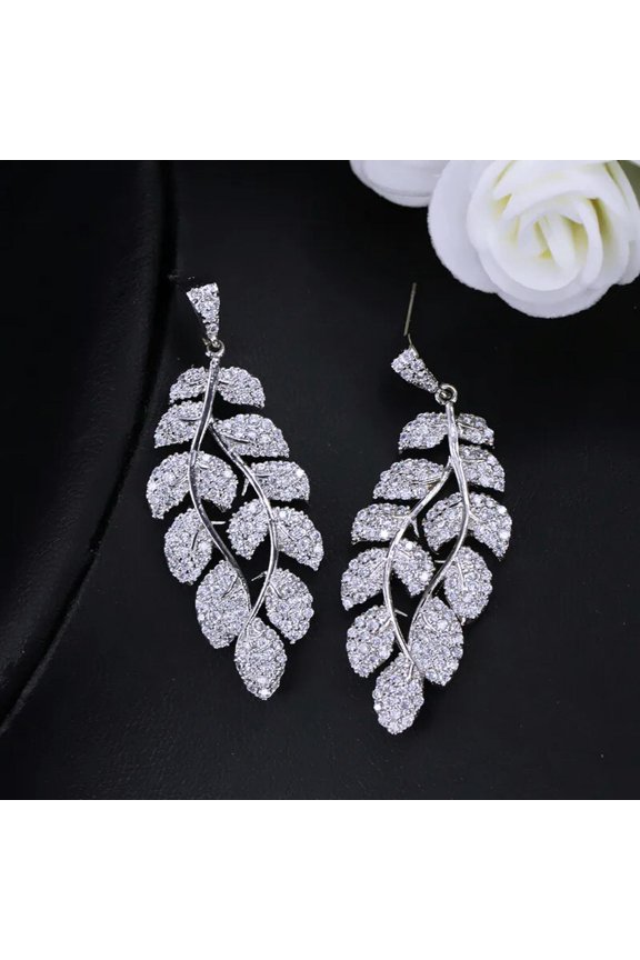 Classic Cubic Zirconia Leaf Long Dangle Drop Earring for Women Brides