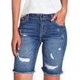 thumbnail image 1 of Classic Cuffed Denim Bermuda Shorts with Distressed Wash Women Jean Shorts Ripped Casual Summer Mid Waist Stretchy Five Points Denim Jean Shorts Blue L, 1 of 5