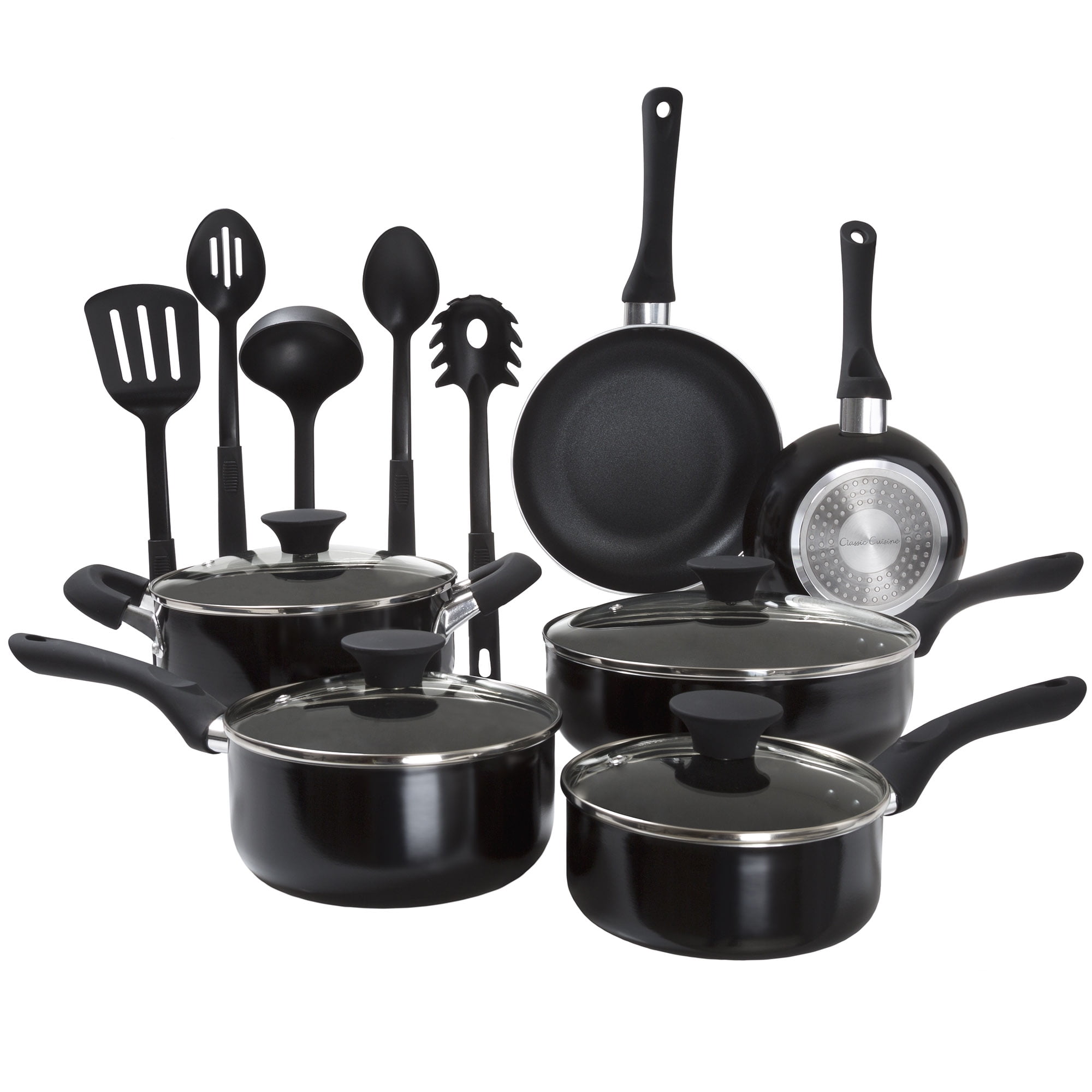 Basics Non-Stick Cookware Set, Pots, Pans and Utensils - 15-Piece  Set & 18-Piece Kitchen Dinnerware Set, Dishes, Bowls, Service for 6, White