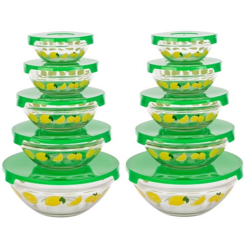 20-Piece Lemon Design Glass Bowls with Green Lids Set