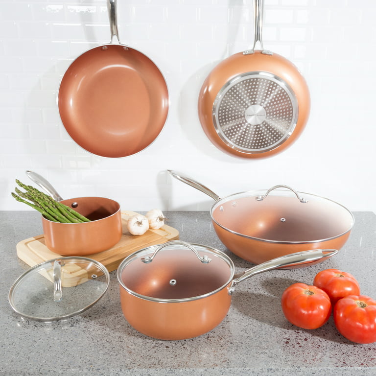 Classic Cuisine 8 Piece Cookware Set with 2 Layer Nonstick Ceramic Coating, Tempered Glass Lid, Copper Color Finish