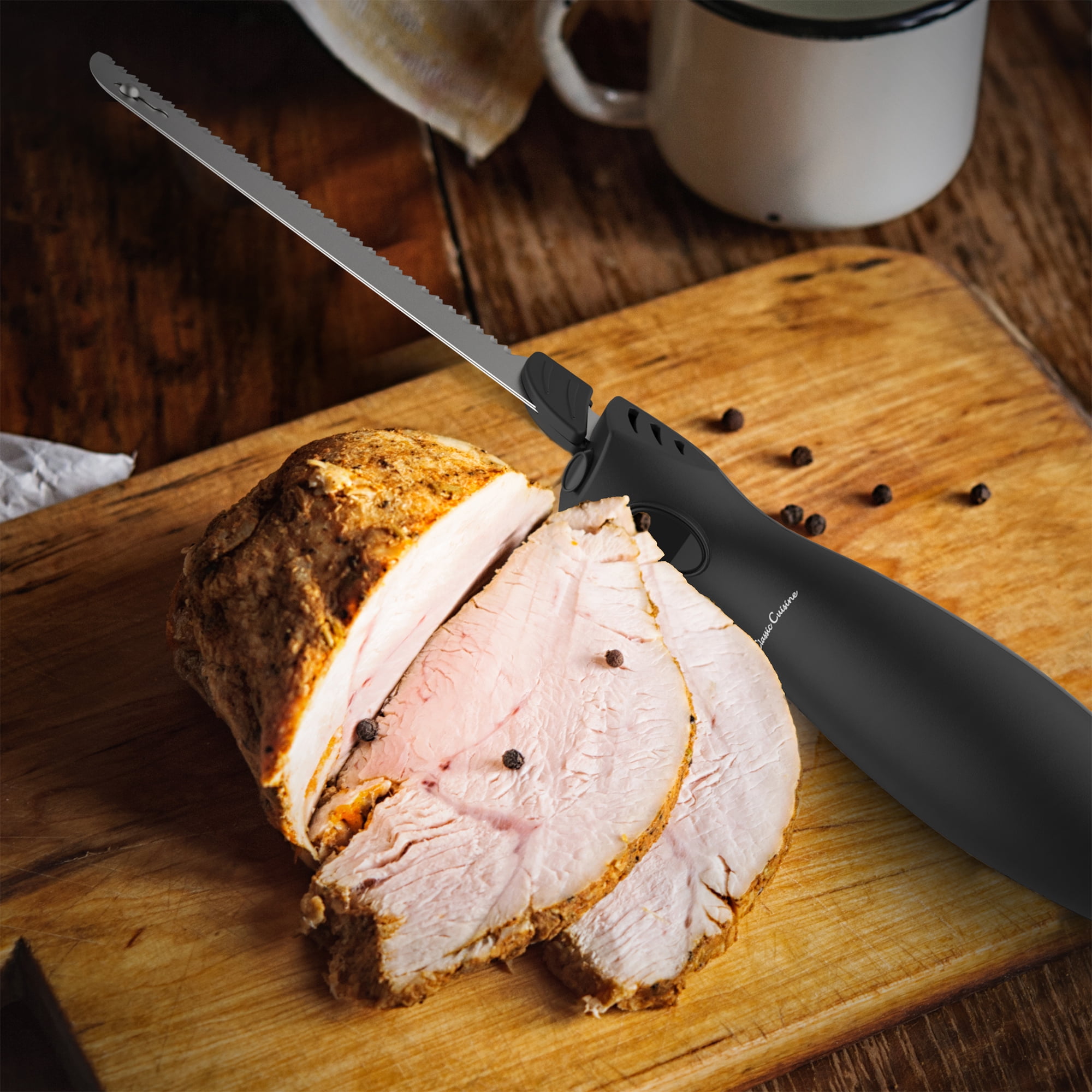 Classic Cuisine Electric Carving Knife Stainless Steel 2 Blades Ham Turkey  Bread Counter Top Convenient Storage Block