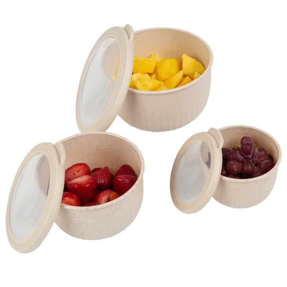 Classic Cuisine Set of 3 Bowls with Lids - Microwave, Freezer, and Fridge Safe Nesting Mixing Bowls, Beige