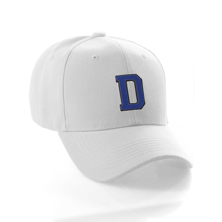 Classic Curve Polyester Baseball Hat A to Z Initial Team Letter, White Cap  Black Blue Letter D