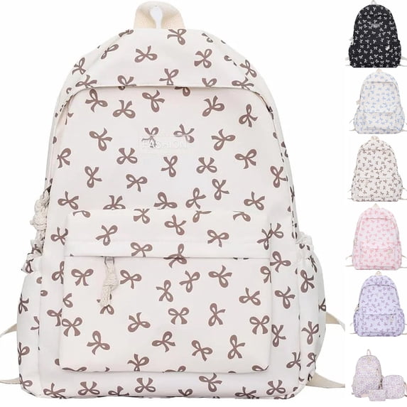 Classic Cute Bow Tie Printed Backpack 16.9 Inch Kawaii Casual Simple Lightweight Travel Bag For Women Blue,Khaki