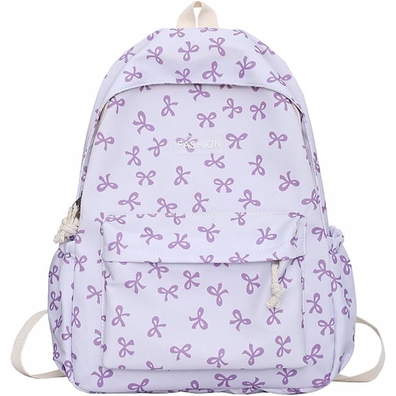 Classic Cute Bow Tie Printed Backpack 16.9 Inch Kawaii Casual Simple Lightweight Travel Bag For Women Purple