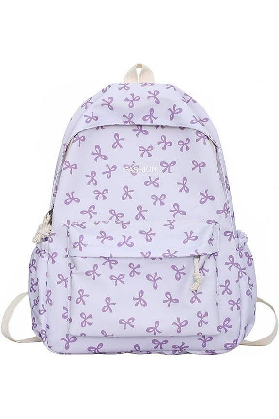 Classic Cute Bow Tie Printed Backpack 16.9 Inch Kawaii Casual Simple Lightweight Travel Bag For Women Purple