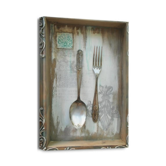 Classic Cutlery Wall Art Golden Fork, Knife, Spoon Canvas Print for Rustic Kitchen Decor (12X16inch)