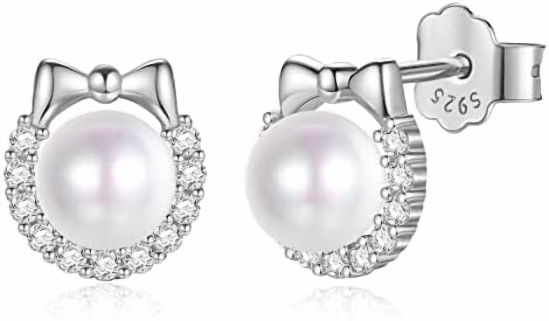 Dainty Bow & Pearl Stud Earrings For Women - 925 Sterling Silver With 5mm Freshwater Pearl & Cubic Zirconia